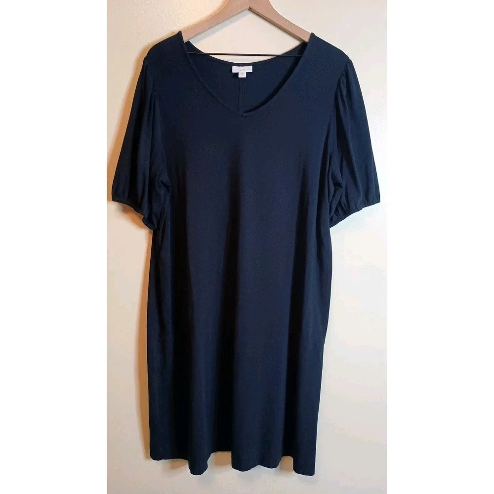 J.Jill XL Navy Knit Midi Dress Soft Subtle Puff Sleeve Pockets Soft Casual